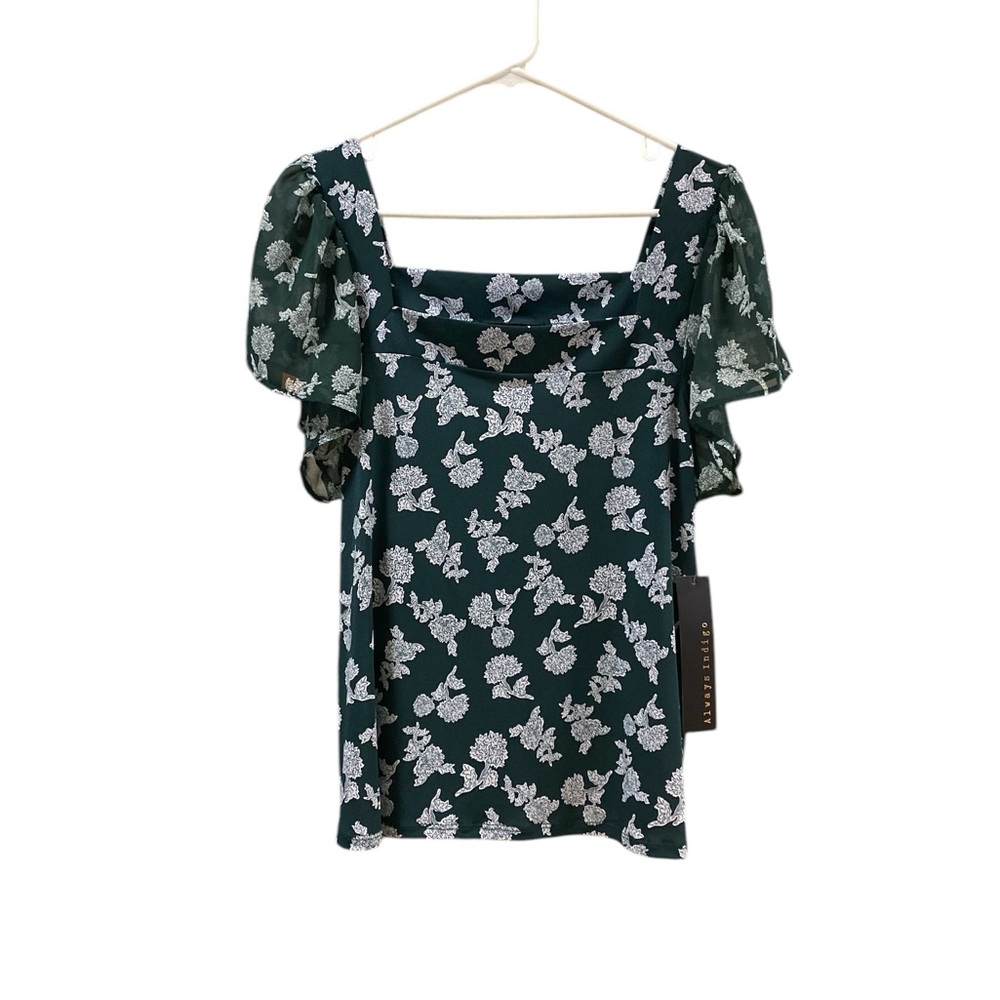 Always Indigo Dark Green Blouse Size L Floral Print Ruffle Sleeves Square Neck